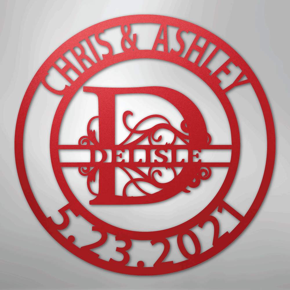 Steel Sign Red / 24" Elaborate Split Letter Family Name - Steel Sign