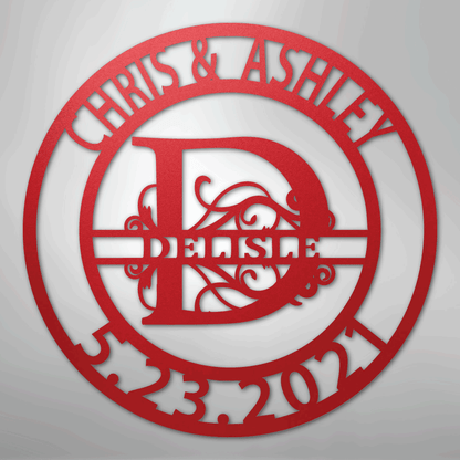 Steel Sign Red / 24" Elaborate Split Letter Family Name - Steel Sign