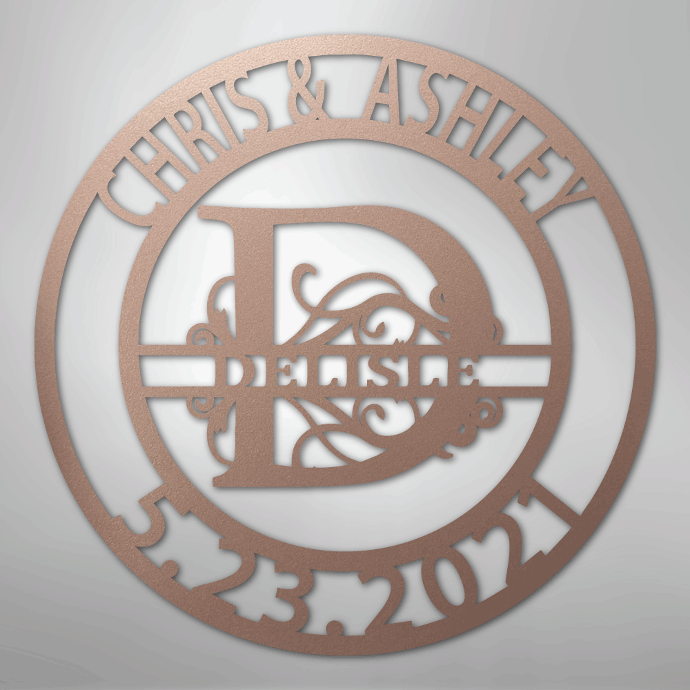 Steel Sign Rose / 24" Elaborate Split Letter Family Name - Steel Sign