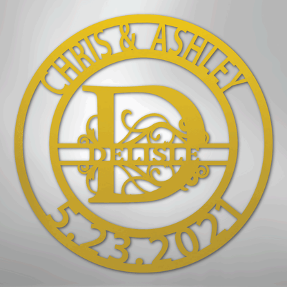 Steel Sign Yellow / 24" Elaborate Split Letter Family Name - Steel Sign