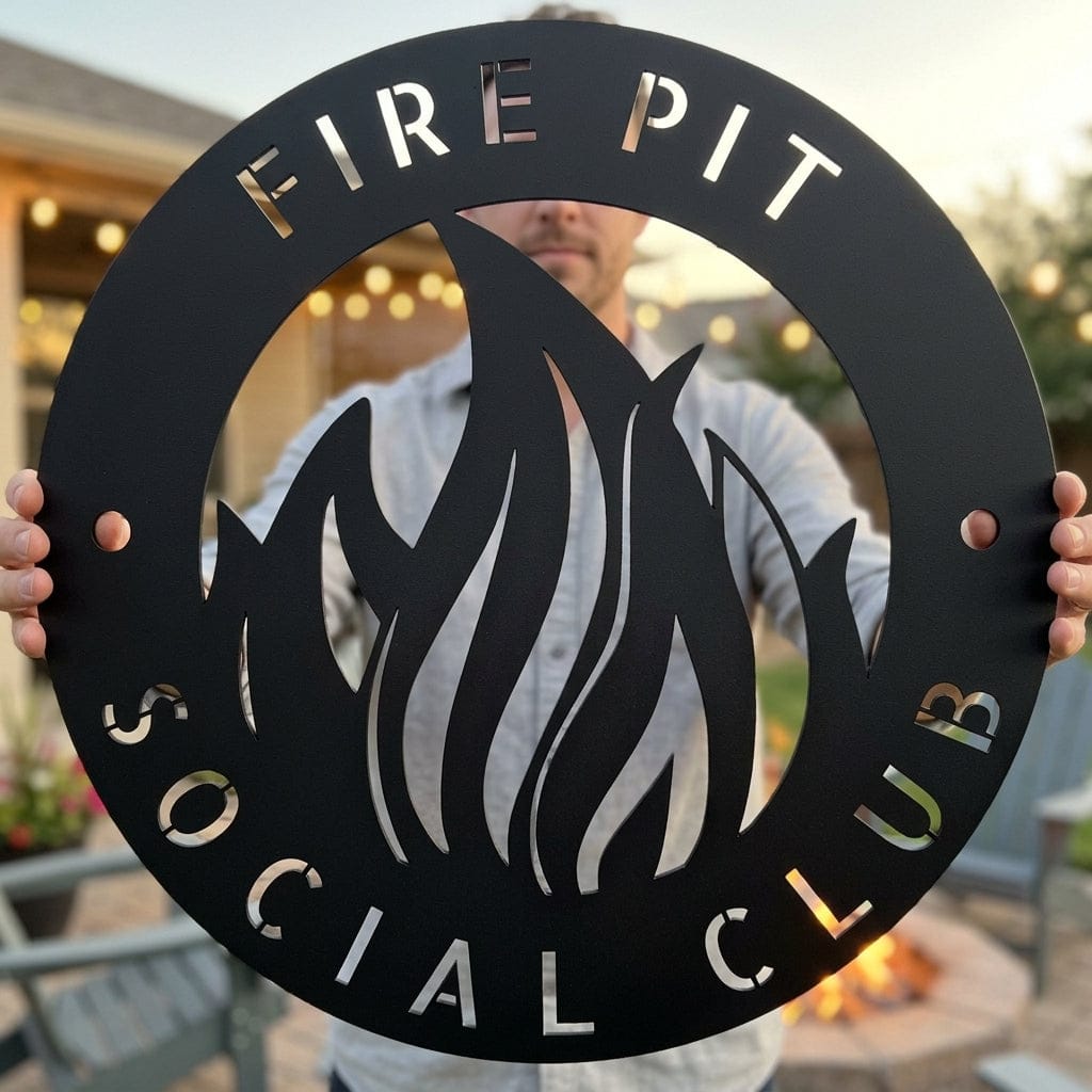 Steel Sign Fire Pit Metal Wall Art Sign – Flame Steel Decor for Backyard, Patio, Garage or Cabin