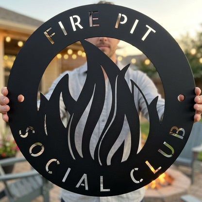 Steel Sign Fire Pit Metal Wall Art Sign – Flame Steel Decor for Backyard, Patio, Garage or Cabin