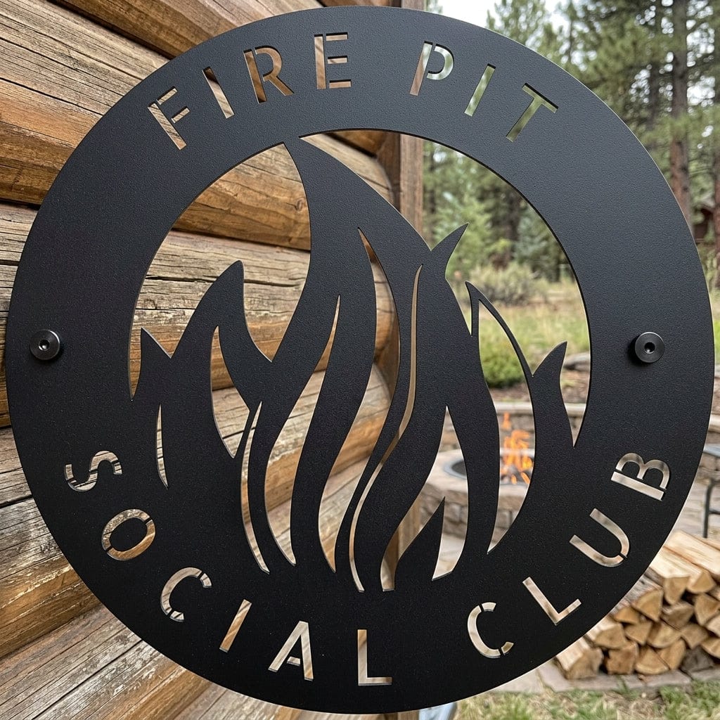 Steel Sign Fire Pit Metal Wall Art Sign – Flame Steel Decor for Backyard, Patio, Garage or Cabin