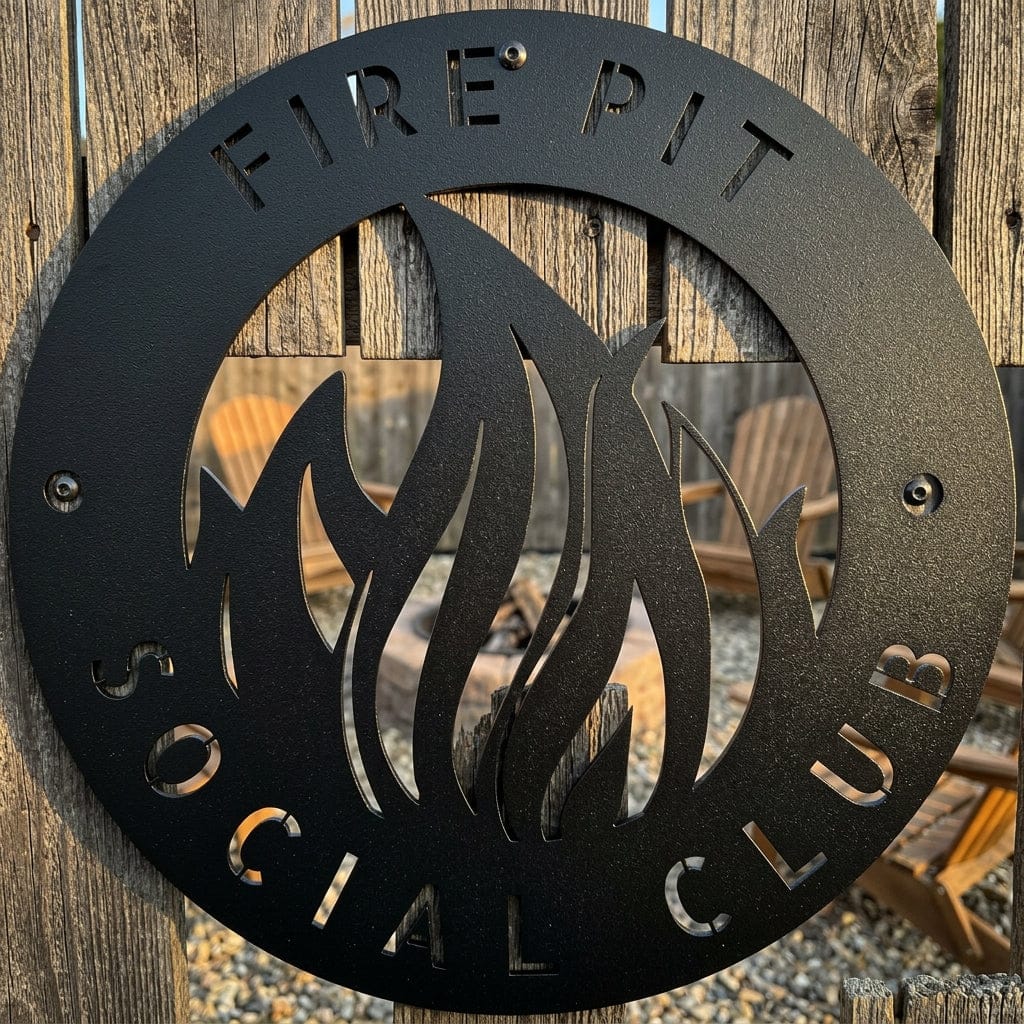 Steel Sign Fire Pit Metal Wall Art Sign – Flame Steel Decor for Backyard, Patio, Garage or Cabin