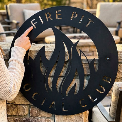 Steel Sign Fire Pit Metal Wall Art Sign – Flame Steel Decor for Backyard, Patio, Garage or Cabin