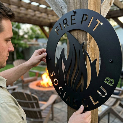 Steel Sign Fire Pit Metal Wall Art Sign – Flame Steel Decor for Backyard, Patio, Garage or Cabin