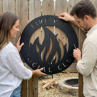 Steel Sign Fire Pit Metal Wall Art Sign – Flame Steel Decor for Backyard, Patio, Garage or Cabin