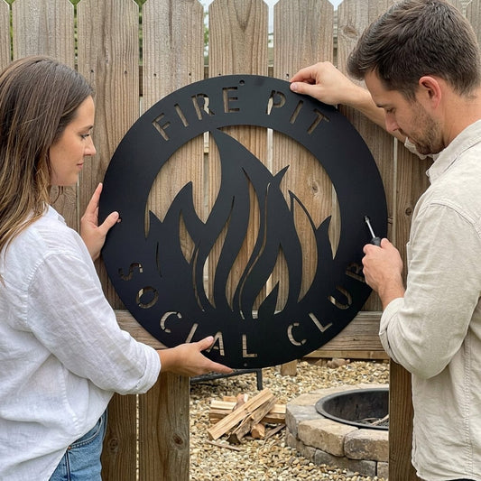 Steel Sign Fire Pit Metal Wall Art Sign – Flame Steel Decor for Backyard, Patio, Garage or Cabin