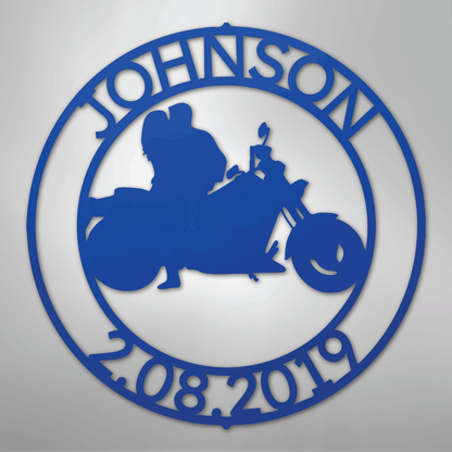 Steel Sign Blue / 24" Motorcycle Couple Anniversary Sign | Personalized Name and Date