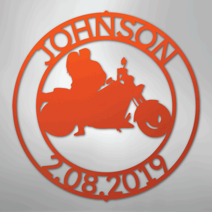 Steel Sign Orange / 24" Motorcycle Couple Anniversary Sign | Personalized Name and Date