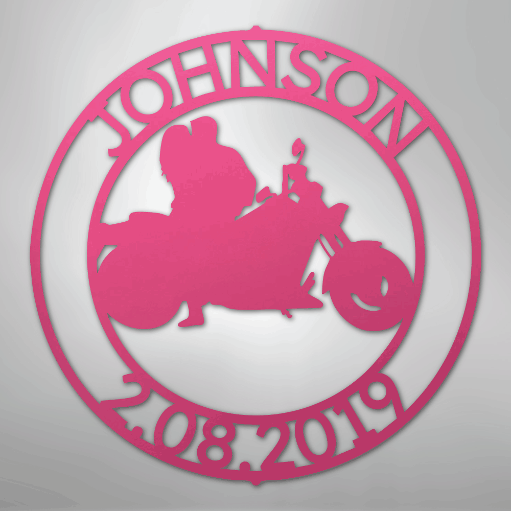Steel Sign Pink / 24" Motorcycle Couple Anniversary Sign | Personalized Name and Date