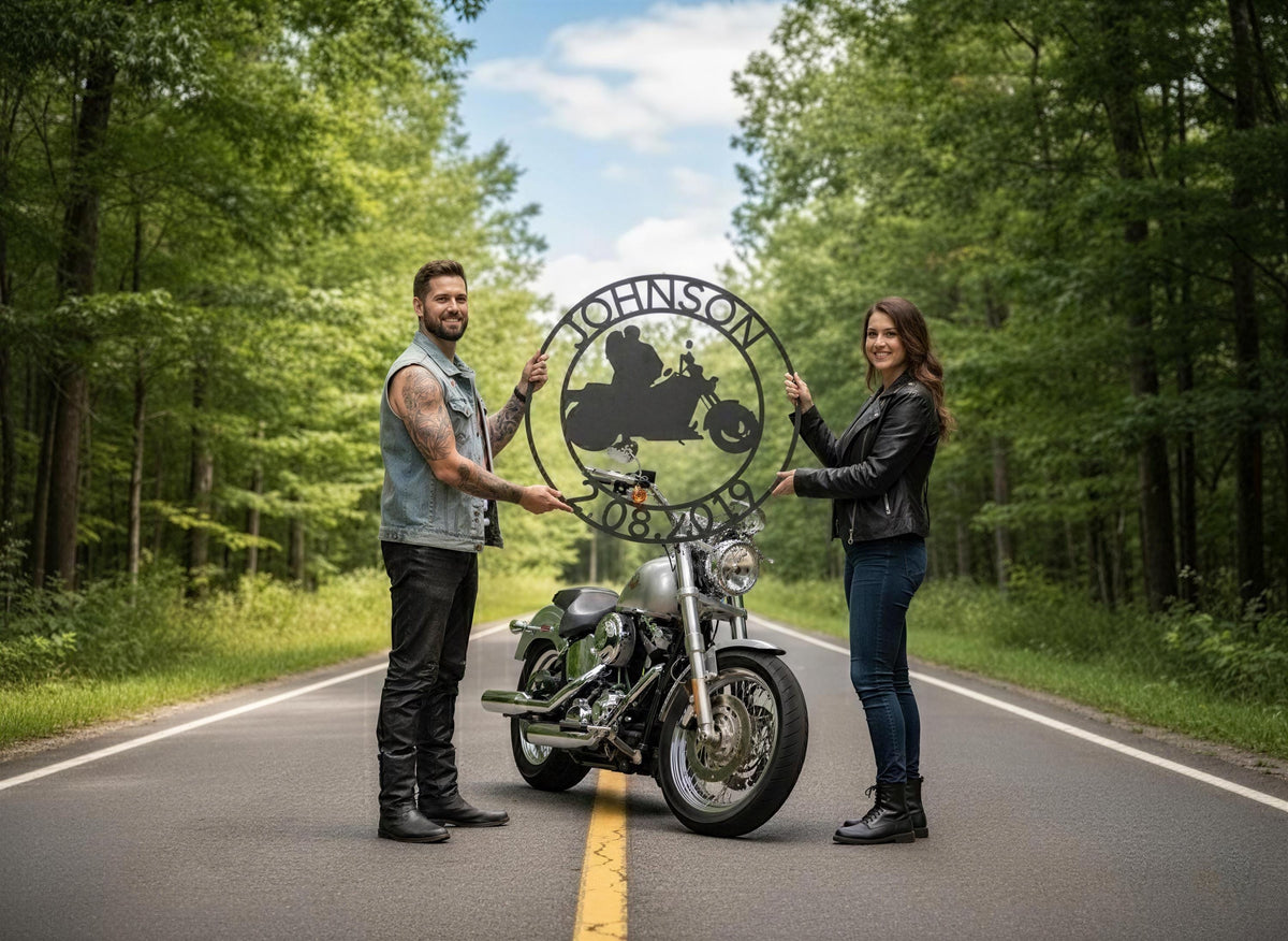Steel Sign Motorcycle Couple Anniversary Sign | Personalized Name and Date