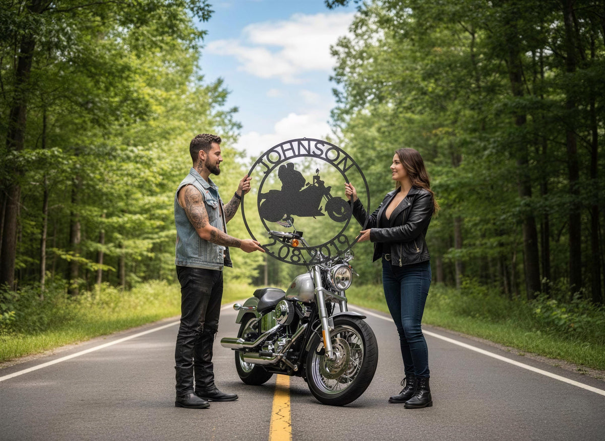 Steel Sign Motorcycle Couple Anniversary Sign | Personalized Name and Date