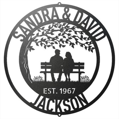 Steel Sign Black / 12 Personalized Anniversary Metal Sign | Couple on a Bench Wall Art