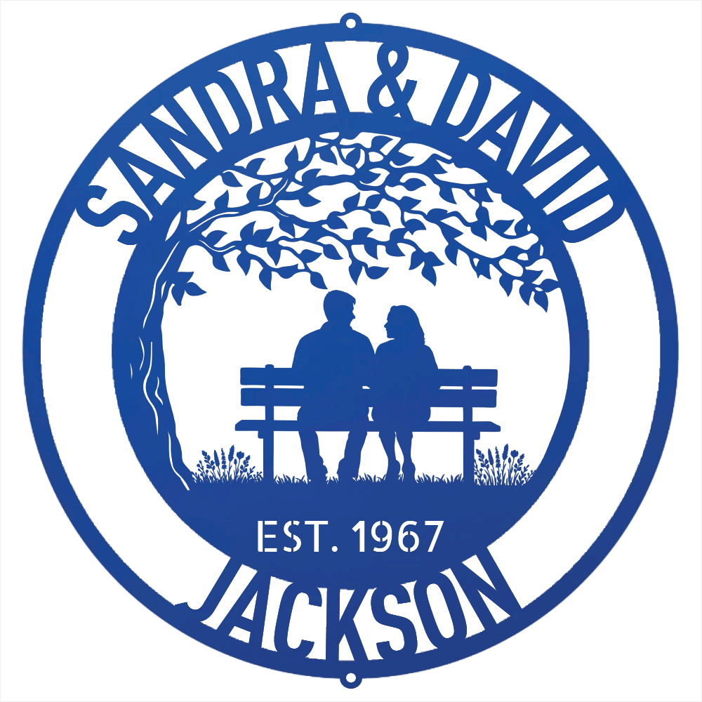 Steel Sign Blue / 12 Personalized Anniversary Metal Sign | Couple on a Bench Wall Art