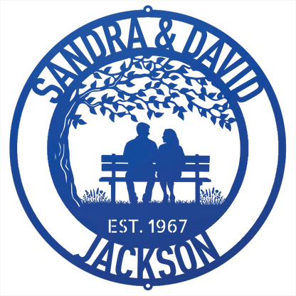 Steel Sign Blue / 12 Personalized Anniversary Metal Sign | Couple on a Bench Wall Art