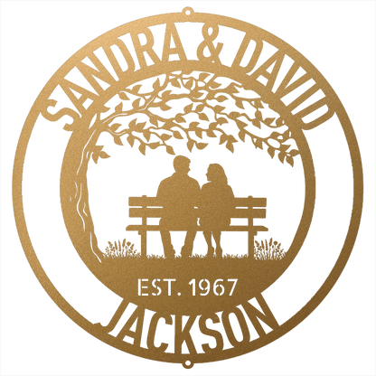 Steel Sign Gold / 12 Personalized Anniversary Metal Sign | Couple on a Bench Wall Art