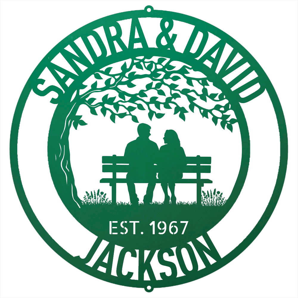 Steel Sign Green / 12 Personalized Anniversary Metal Sign | Couple on a Bench Wall Art
