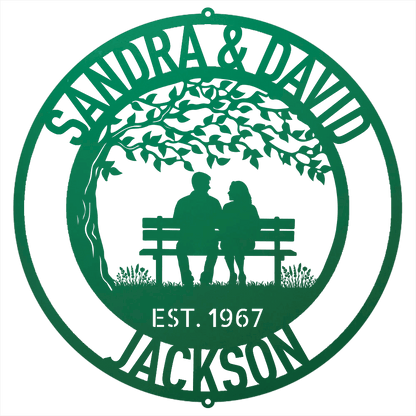 Steel Sign Green / 12 Personalized Anniversary Metal Sign | Couple on a Bench Wall Art