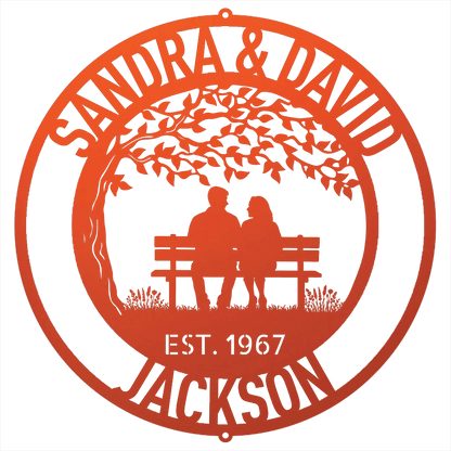 Steel Sign Orange / 12 Personalized Anniversary Metal Sign | Couple on a Bench Wall Art