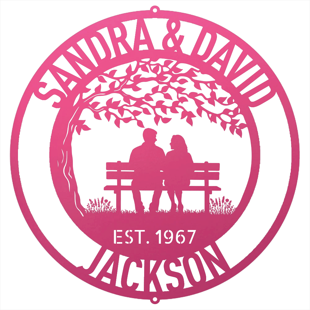 Steel Sign Pink / 12 Personalized Anniversary Metal Sign | Couple on a Bench Wall Art