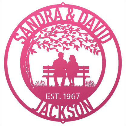 Steel Sign Pink / 12 Personalized Anniversary Metal Sign | Couple on a Bench Wall Art