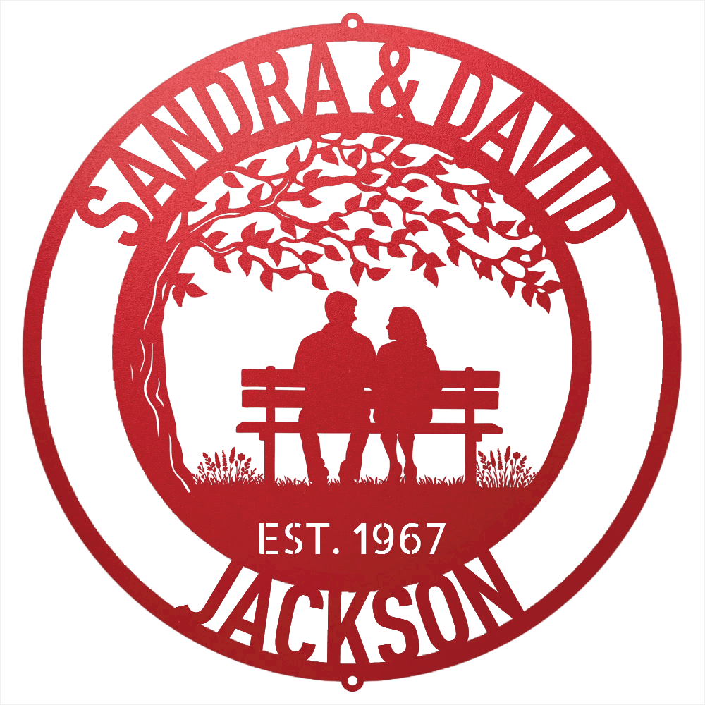 Steel Sign Red / 12 Personalized Anniversary Metal Sign | Couple on a Bench Wall Art