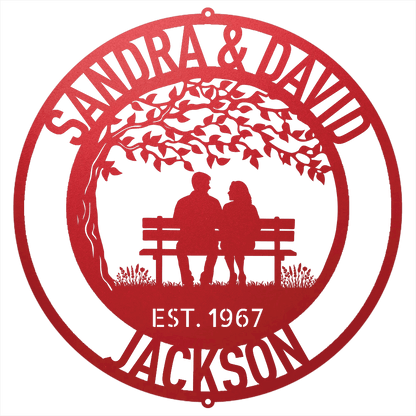 Steel Sign Red / 12 Personalized Anniversary Metal Sign | Couple on a Bench Wall Art