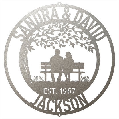 Steel Sign Silver / 12 Personalized Anniversary Metal Sign | Couple on a Bench Wall Art