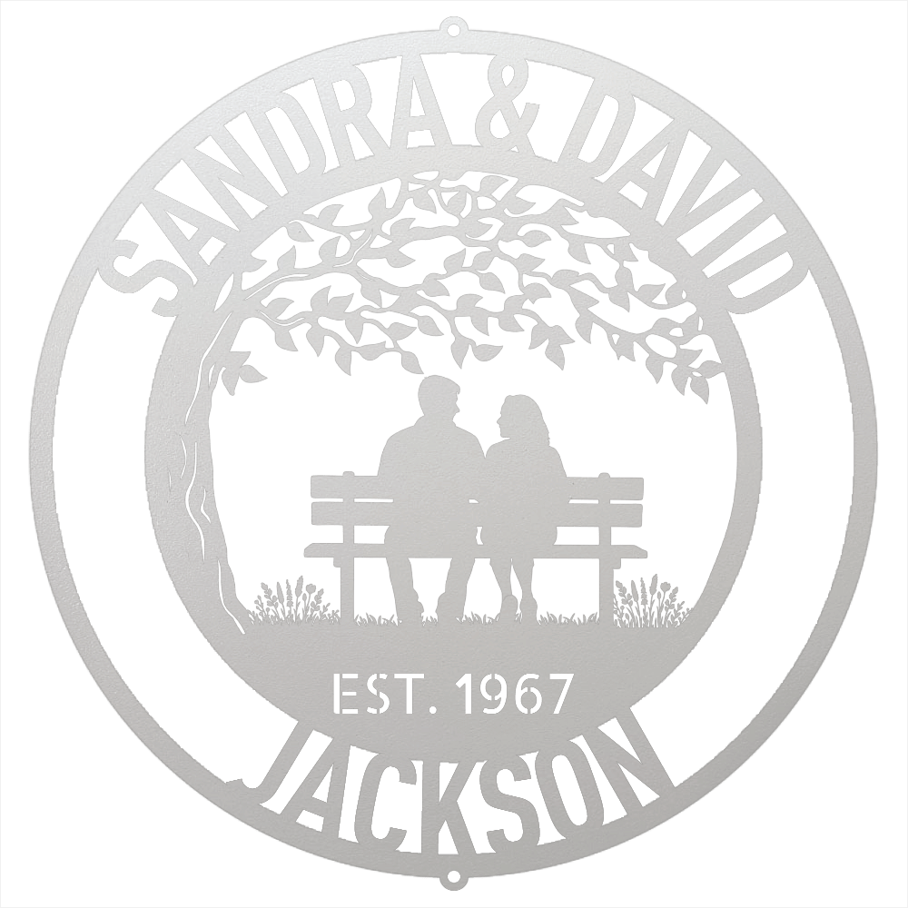 Steel Sign White / 12 Personalized Anniversary Metal Sign | Couple on a Bench Wall Art