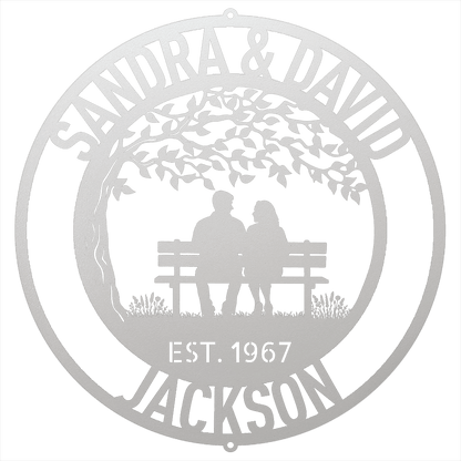 Steel Sign White / 12 Personalized Anniversary Metal Sign | Couple on a Bench Wall Art