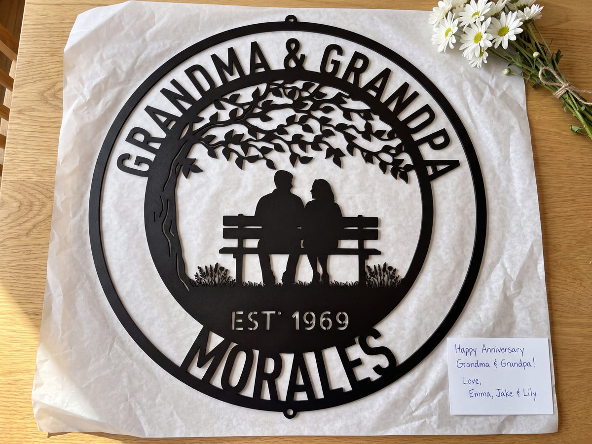 Steel Sign Personalized Anniversary Metal Sign | Couple on a Bench Wall Art