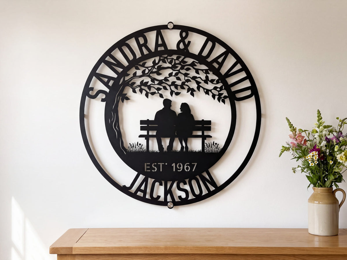 Steel Sign Personalized Anniversary Metal Sign | Couple on a Bench Wall Art