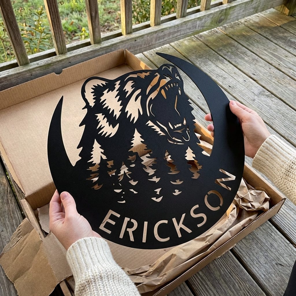 Steel Sign Black / 12" Personalized Bear Metal Sign – Custom Family Name Forest Wall Art