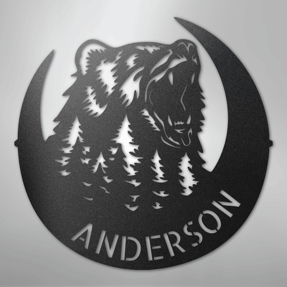 Steel Sign Black / 12" Personalized Bear Metal Sign – Custom Family Name Forest Wall Art
