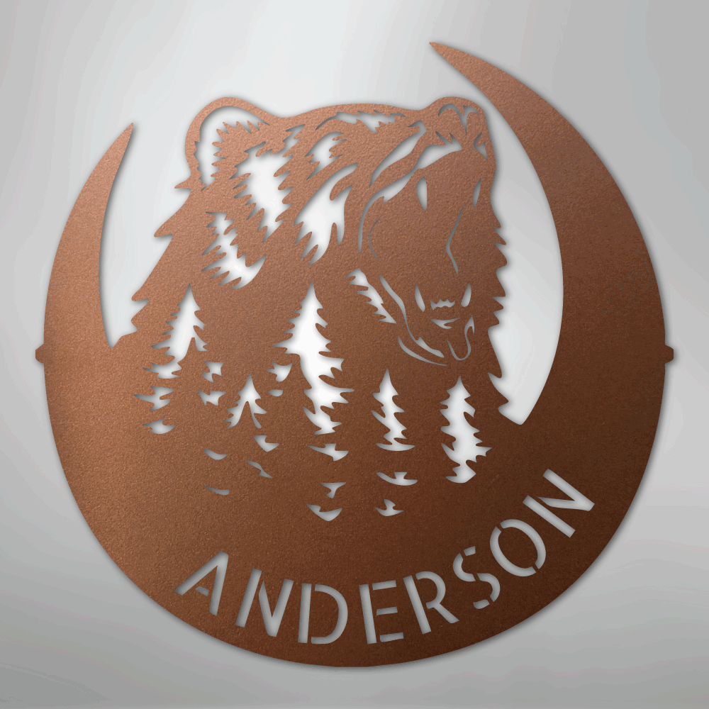 Steel Sign Copper / 12" Personalized Bear Metal Sign – Custom Family Name Forest Wall Art