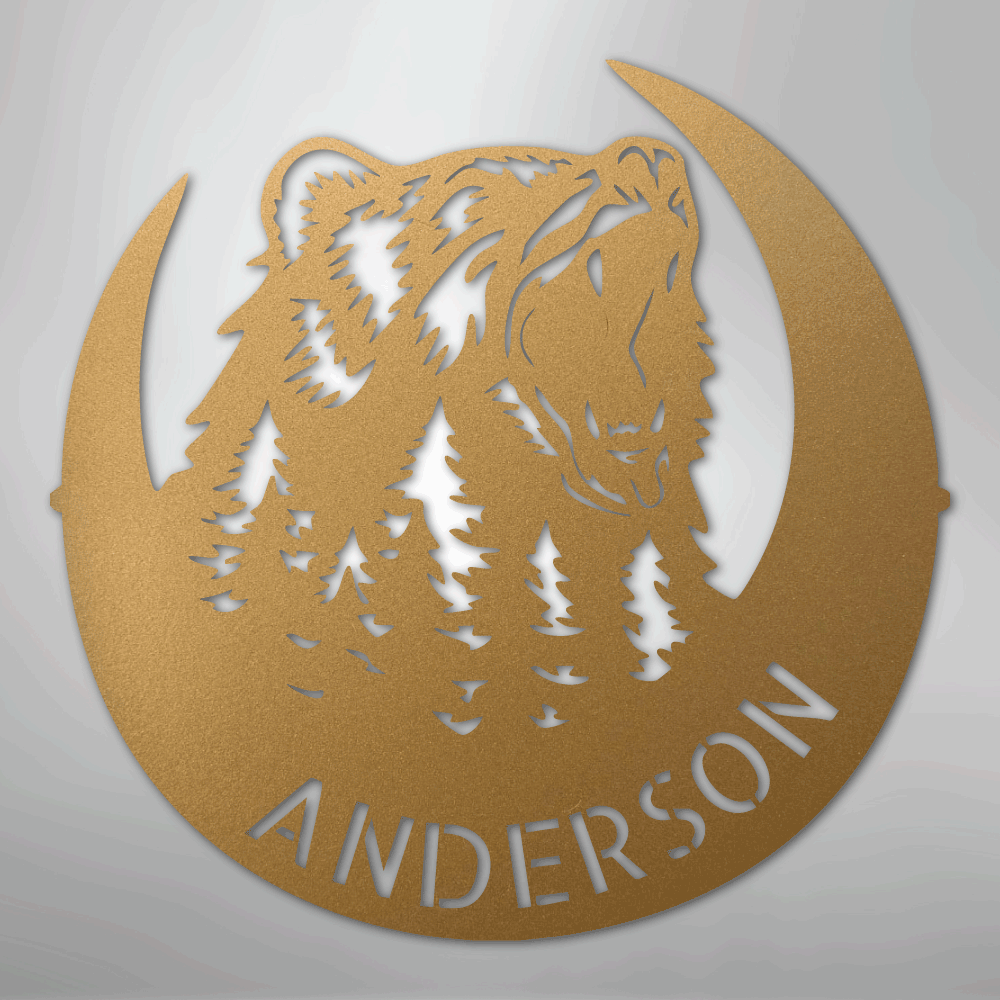 Steel Sign Gold / 12" Personalized Bear Metal Sign – Custom Family Name Forest Wall Art