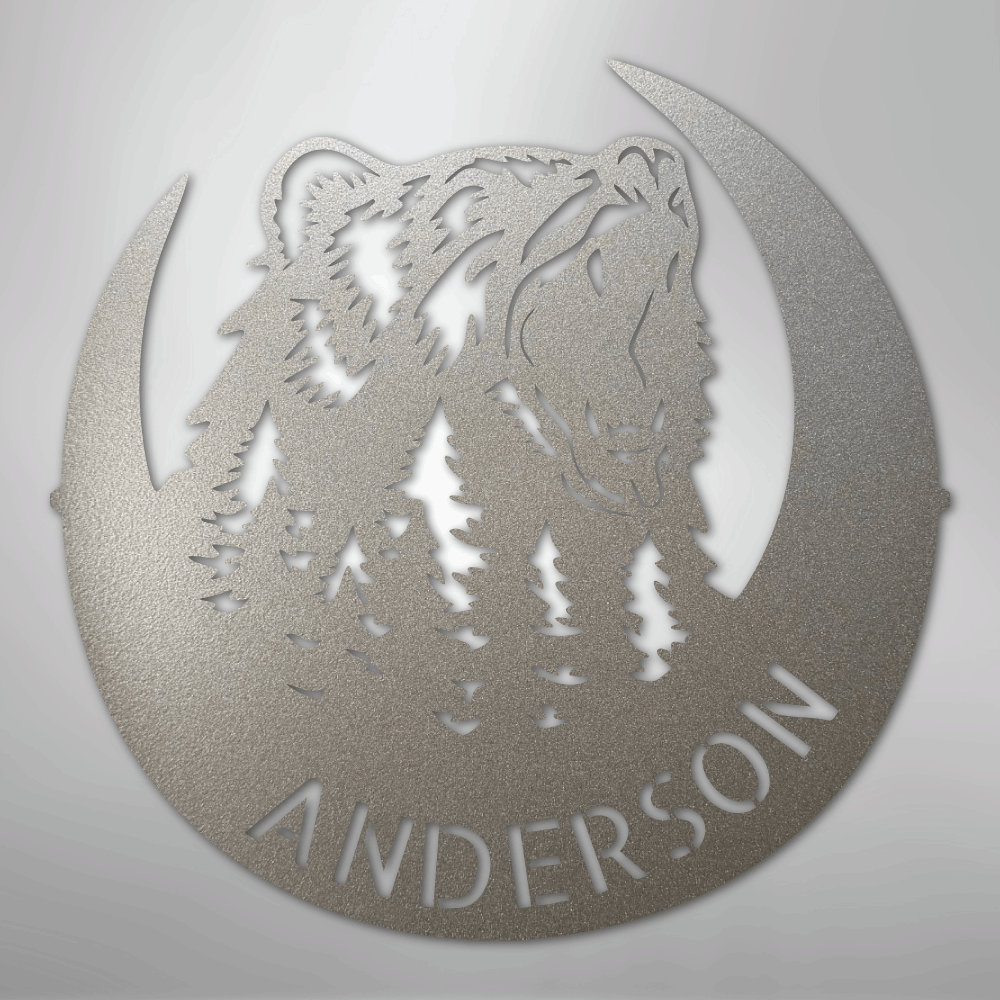 Steel Sign Silver / 12" Personalized Bear Metal Sign – Custom Family Name Forest Wall Art