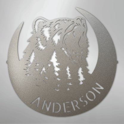 Steel Sign Silver / 12" Personalized Bear Metal Sign – Custom Family Name Forest Wall Art