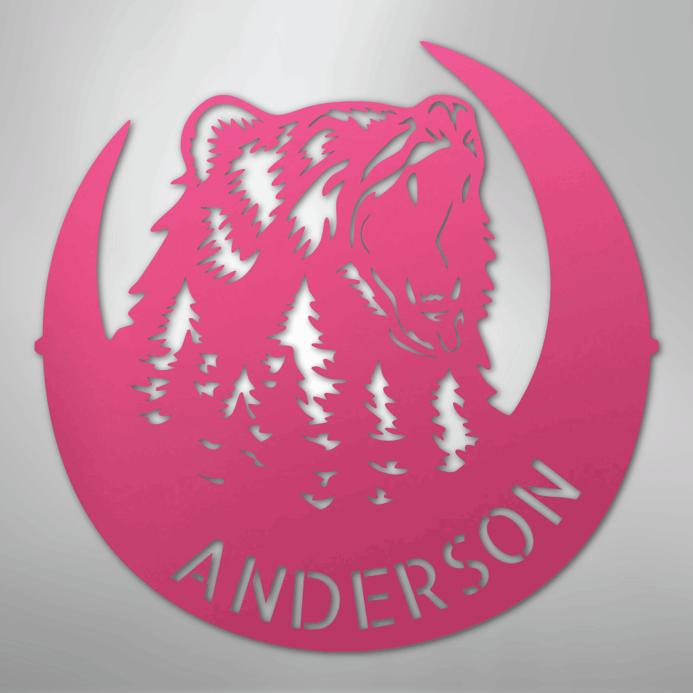 Steel Sign Pink / 24" Personalized Bear Metal Sign – Custom Family Name Forest Wall Art