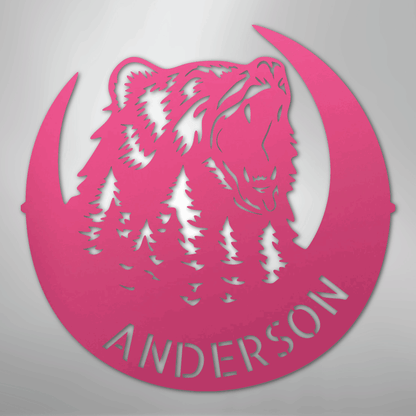 Steel Sign Pink / 24" Personalized Bear Metal Sign – Custom Family Name Forest Wall Art
