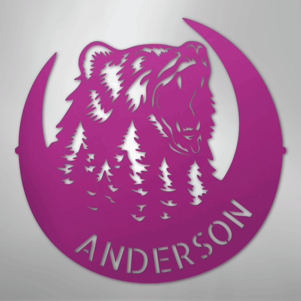 Steel Sign Purple / 24" Personalized Bear Metal Sign – Custom Family Name Forest Wall Art