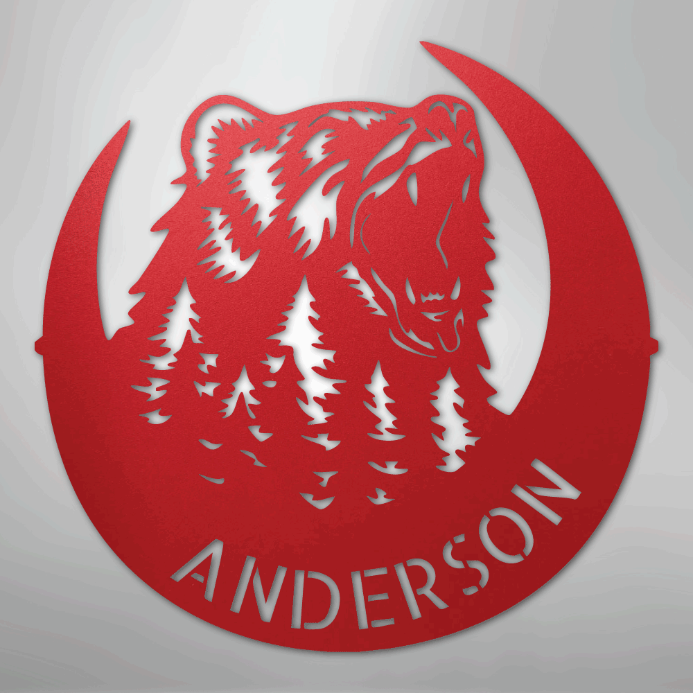 Steel Sign Red / 24" Personalized Bear Metal Sign – Custom Family Name Forest Wall Art