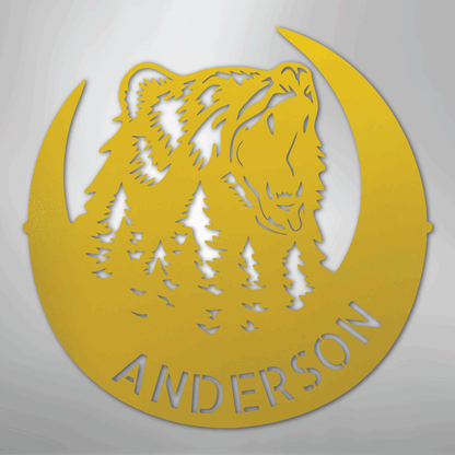 Steel Sign Yellow / 24" Personalized Bear Metal Sign – Custom Family Name Forest Wall Art