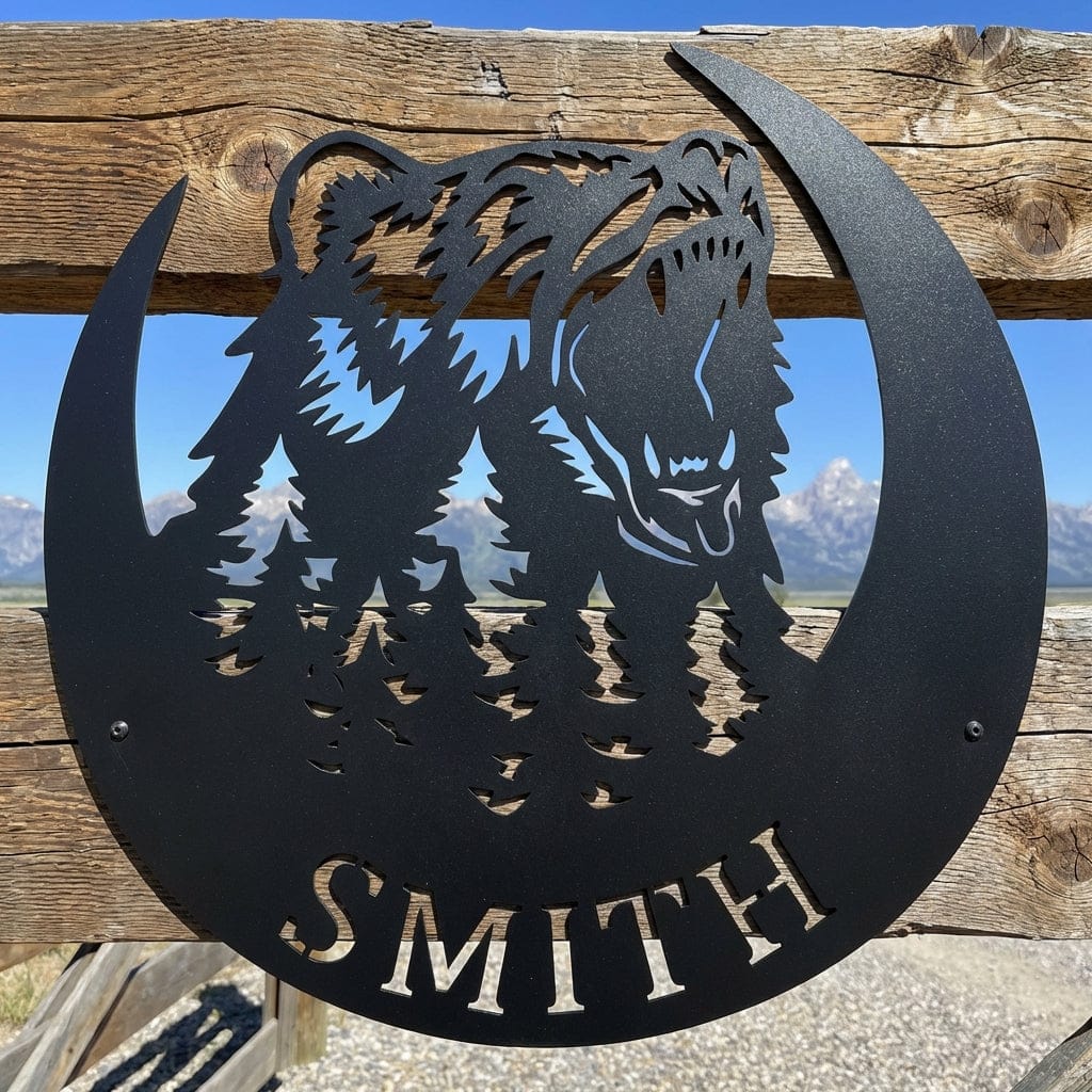 Steel Sign Personalized Bear Metal Sign – Custom Family Name Forest Wall Art