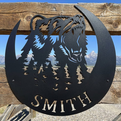 Steel Sign Personalized Bear Metal Sign – Custom Family Name Forest Wall Art