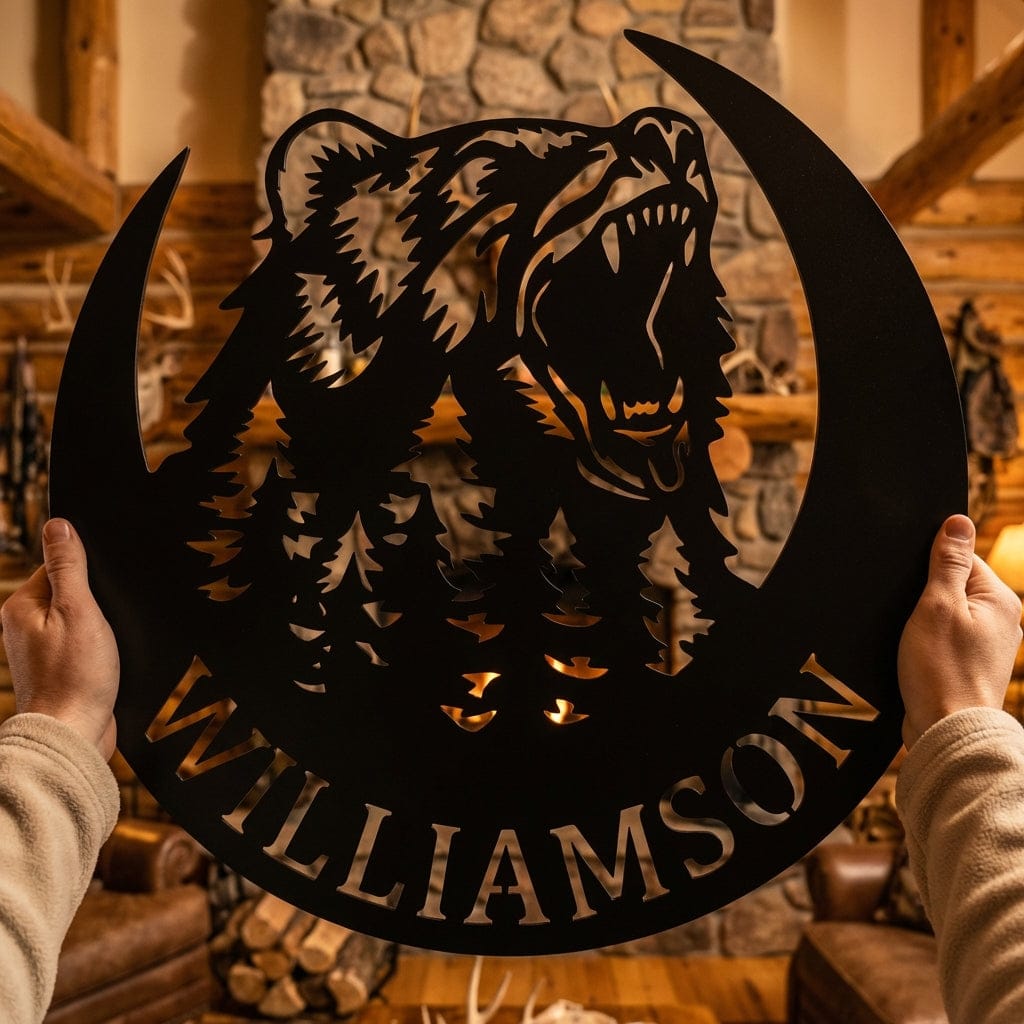 Steel Sign Personalized Bear Metal Sign – Custom Family Name Forest Wall Art