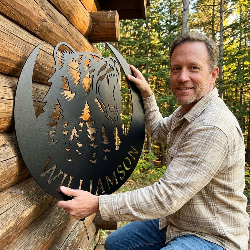 Steel Sign Personalized Bear Metal Sign – Custom Family Name Forest Wall Art