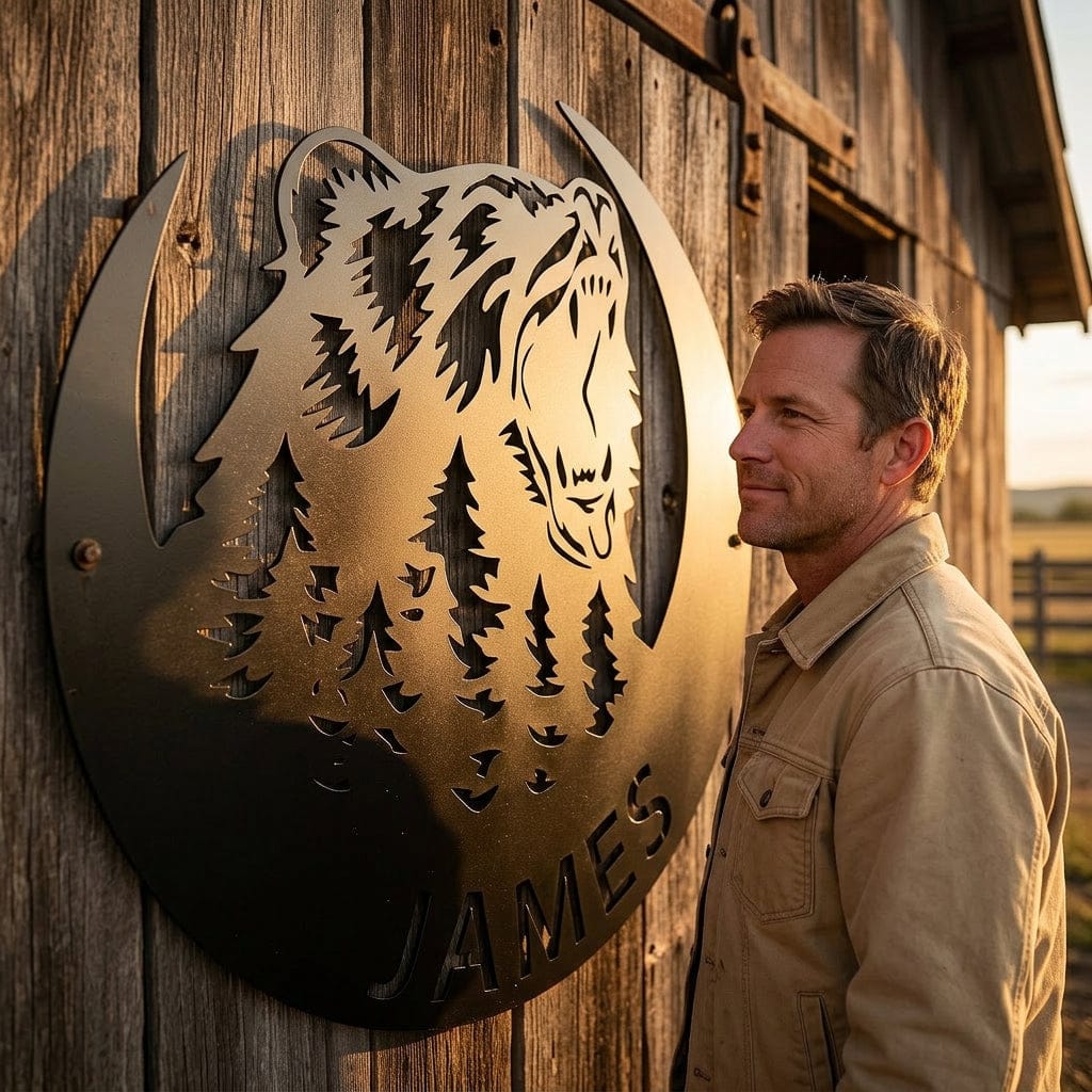 Steel Sign Personalized Bear Metal Sign – Custom Family Name Forest Wall Art