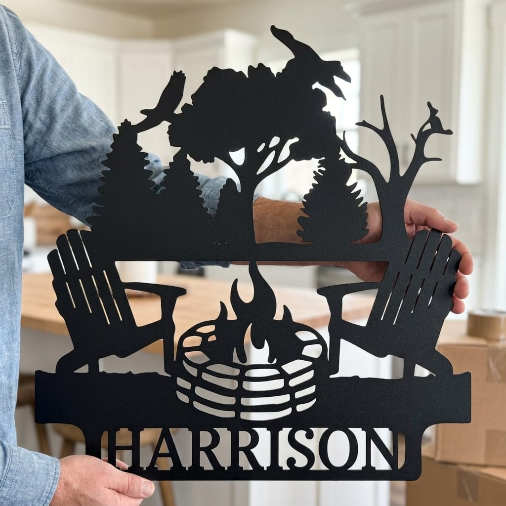 Steel Sign Black / 12" Personalized Campfire Fire Pit Metal Sign Outdoor Decor